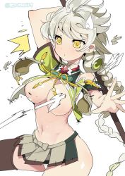 Rule 34 | 10s, 1girl, bare shoulders, braid, breasts, brown eyes, censored, cleavage cutout, clothing cutout, convenient censoring, hair ornament, kantai collection, large breasts, long hair, midriff, miniskirt, naitou ryuu, panties, pantyshot, pleated skirt, silver hair, simple background, single braid, skirt, solo, sweatdrop, thighhighs, twitter username, underwear, unryuu (kancolle), upskirt, very long hair, white background