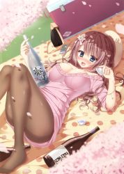 Rule 34 | 1girl, absurdres, alcohol, bag, bare shoulders, blue eyes, blush, bottle, braid, breasts, brown hair, brown pantyhose, cellphone, cherry blossoms, choko (cup), cleavage, cup, day, dress, drunk, fingernails, flower, french braid, hair flower, hair ornament, hanami, hat, highres, holding, holding bottle, knees up, komiya hitoma, large breasts, long fingernails, long hair, looking at viewer, lying, nail polish, nose blush, off-shoulder, off-shoulder sweater, off shoulder, on back, open mouth, original, outdoors, pantyhose, petals, phone, picnic, picnic basket, pink dress, sake, sake bottle, short dress, shoulder bag, smartphone, smile, solo, sweater, sweater dress, yellow nails
