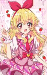 Rule 34 | 1girl, :d, aikatsu!, aikatsu! (series), blonde hair, blush, bow, collared shirt, commentary, food, fruit, hair between eyes, hair bow, hairband, hand up, highres, hoshimiya ichigo, long hair, looking at viewer, necktie, open mouth, pink necktie, pink skirt, pink vest, puffy short sleeves, puffy sleeves, red bow, red eyes, shinji (udonteishoku), shirt, short sleeves, skirt, smile, solo, sparkle, strawberry, symbol-only commentary, vest, white shirt, wrist cuffs