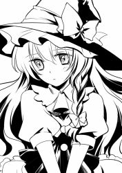 Rule 34 | 1girl, apron, ascot, bad id, bad pixiv id, blush, braid, female focus, frills, greyscale, hanamo daiou, hat, kirisame marisa, long hair, looking at viewer, monochrome, ribbon, side braid, simple background, solo, touhou, upper body, v arms, witch, witch hat