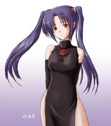 Rule 34 | bare shoulders, china dress, chinese clothes, dress, elbow gloves, flower, gloves, long hair, purple hair, red eyes, rose, solo, twintails