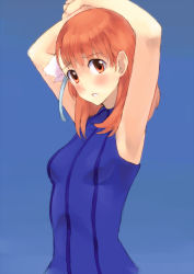 Rule 34 | 1girl, armpits, blush, breasts, brown eyes, brown hair, chiwino, dress, female focus, hair ornament, looking at viewer, medium breasts, open mouth, short hair, simple background, small breasts, solo, upper body, wild arms, wild arms 4, yulie ahtreide