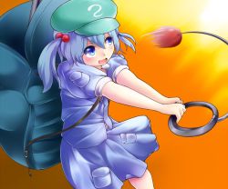 Rule 34 | 1girl, asa (ces6ces8), backpack, bag, blue eyes, blue hair, blush, dress, gradient background, hair bobbles, hair ornament, hat, kawashiro nitori, matching hair/eyes, open mouth, pocket, shirt, short hair, short sleeves, skirt, skirt set, solo, touhou, twintails, two side up
