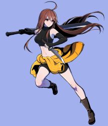 Rule 34 | 1girl, aged up, ahoge, bike shorts, black footwear, black gloves, blue background, breasts, brown hair, clothes around waist, combat knife, commentary, crop top, dual wielding, elbow gloves, expressionless, fingerless gloves, full body, gloves, halterneck, highres, holding, holding knife, holding sword, holding weapon, huge ahoge, knife, legs, linne, long hair, medium breasts, navel, purple background, red eyes, reverse grip, running, slit pupils, solo, sweater, sweater around waist, sword, symbol-only commentary, tb (spr1110), toned, under night in-birth, very long hair, weapon