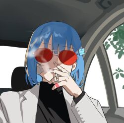 Rule 34 | 1girl, bandaid, bandaid on face, black shirt, blue hair, car interior, cigarette, commentary, english commentary, formal, hair ornament, hairclip, holding, holding cigarette, long sleeves, looking at viewer, mads ez, original, red-tinted eyewear, shirt, short hair, smoke, suit, tinted eyewear, upper body, white suit, you&#039;re doing it wrong