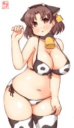 Rule 34 | 1girl, alternate costume, animal ears, animal print, artist logo, bell, bikini, breasts, brown eyes, brown hair, chiyoda (kancolle), cleavage, commentary request, cow ears, cow horns, cow print, cowbell, cowboy shot, dated, ear tag, fake animal ears, fake horns, front-tie top, highres, horns, kanon (kurogane knights), kantai collection, large breasts, looking at viewer, short hair, simple background, solo, standing, swimsuit, thighhighs, white background, white bikini, white thighhighs