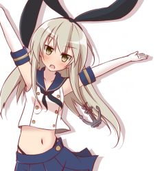Rule 34 | 10s, 1girl, anchor hair ornament, blonde hair, blue skirt, elbow gloves, gloves, hair ornament, hairband, kantai collection, long hair, looking at viewer, nanase-san (honey be), navel, shimakaze (kancolle), simple background, skirt, solo, white background, white gloves, yellow eyes