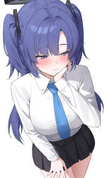 1girl :/ absurdres black_halo black_skirt blue_archive blue_eyes blue_hair blue_necktie blush closed_mouth collared_shirt cowboy_shot dark_blue_hair from_above hair_between_eyes halo hand_on_own_cheek hand_on_own_face hand_on_own_thigh highres long_hair long_sleeves looking_down mechanical_halo miniskirt n4_h4m necktie parted_bangs pleated_skirt school_uniform shirt shy simple_background skirt solo standing straight_hair sweat two_side_up white_background white_shirt yuuka_(blue_archive)