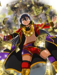 Rule 34 | banknote, black hair, collar, cosplay, crossover, dollar bill, falling money, gold necklace, hand gesture, highres, imitating, jewelry, knee pads, long coat, long hair, long sleeves, love live!, love live! school idol project, money, multicolored clothes, navel, necklace, new japan pro wrestling, okada kazuchika, open mouth, outstretched arms, parody, shorts, smile, sonoda umi, sparkle, user whrj2724, wrestling, wrestling boots, wrestling outfit, yellow eyes