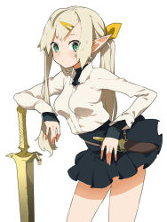 Rule 34 | 1girl, bow, breasts, doushimasho, elf, green eyes, hair bow, hair ornament, hair ribbon, hairclip, knife, leaning forward, light brown hair, long hair, looking at viewer, original, pleated skirt, pointy ears, ponytail, ribbon, simple background, skirt, solo, sword, weapon, white background