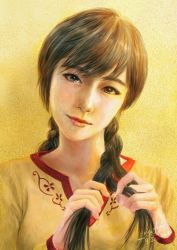 Rule 34 | 1girl, braid, braiding hair, brown eyes, brown hair, chinese clothes, closed mouth, dated, floral print, hairdressing, head tilt, highres, holding, holding own hair, kohji, ling shen hua, lips, long hair, looking at viewer, portrait, red trim, shenmue, shenmue iii, shirt, signature, solo, twin braids, yellow background, yellow shirt