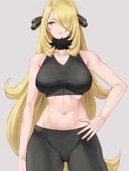 Rule 34 | 1girl, abs, alternate costume, armpit crease, bare shoulders, black pants, black sports bra, blonde hair, breasts, collarbone, commentary request, creatures (company), crop top, cynthia (pokemon), fur collar, game freak, grey eyes, groin, hair ornament, hair over one eye, hand on own hip, highres, large breasts, long hair, midriff, navel, nintendo, pants, parted lips, pokemon, pokemon dppt, simple background, solo, sports bra, stomach, v-neck, very long hair, wavy hair, yamamori kinako, yoga pants