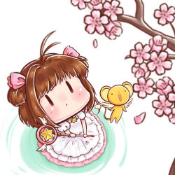 Rule 34 | 1990s (style), 1girl, :3, :d, antenna hair, blurry, blush, branch, brown hair, cardcaptor sakura, cherry blossoms, choker, depth of field, dress, from above, hair ribbon, holding, hoshi no tsue, isanctz, kero (cardcaptor sakura), kinomoto sakura, looking up, magical girl, open mouth, parted lips, petals, pink ribbon, puffy short sleeves, puffy sleeves, retro artstyle, ribbon, ripples, short sleeves, smile, solid circle eyes, star (symbol), two side up, white background, white dress, | |