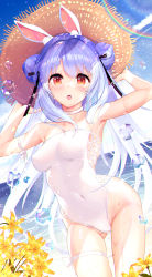 Rule 34 | 1girl, absurdres, animal ear fluff, animal ears, arm ribbon, armpits, arms up, ass, bare shoulders, beach, black ribbon, blue hair, blush, breasts, cloud, collar, covered navel, day, double bun, hair bun, hair ornament, hair ribbon, hands on headwear, haruhina purple, hat, highleg, highleg swimsuit, highres, hololive, light rays, long hair, looking at viewer, multicolored hair, ocean, one-piece swimsuit, open mouth, orange eyes, outdoors, rabbit ears, rabbit girl, rainbow, ribbon, short eyebrows, sky, small breasts, solo, straw hat, sun hat, sunbeam, sunlight, swimsuit, thick eyebrows, thighs, two-tone hair, usada pekora, virtual youtuber, water, wet, white collar, white hair, white one-piece swimsuit, white ribbon