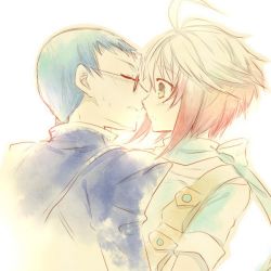 Rule 34 | 1boy, 1girl, ahoge, bad id, bad pixiv id, blue hair, blush, couple, closed eyes, glasses, hetero, hubert ozwell, imminent kiss, parted lips, pascal (tales), pascal (tales), red hair, short hair, sweatdrop, tales of (series), tales of graces