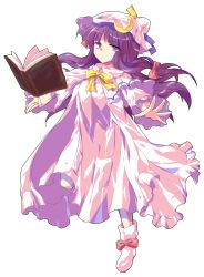 Rule 34 | 1girl, alphes (style), book, capelet, coat, crescent, dairi, floating book, floating object, full body, grimoire, hair ribbon, hat, long hair, long sleeves, looking at viewer, open clothes, open coat, outstretched arms, parody, patchouli knowledge, purple eyes, purple hair, ribbon, solo, standing, standing on one leg, style parody, touhou, transparent background, tress ribbon, very long hair, white background, wide sleeves