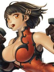 Rule 34 | 10s, 1girl, 2013, alien1452, breasts, brown gloves, brown hair, cleavage, dated, dual wielding, gloves, hair ribbon, highres, holding, open mouth, orange eyes, original, ribbon, short hair, simple background, solo, weapon, white background