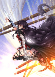 Rule 34 | 1girl, adsouto, arm guards, armor, armored boots, artist name, bandaged arm, bandages, black hair, black shorts, black thighhighs, boots, braid, breasts, day, highres, long hair, looking at viewer, medium breasts, shorts, solo, tales of (series), tales of berseria, thigh strap, thighhighs, torn clothes, torn thighhighs, underboob, velvet crowe, very long hair, weapon, yellow eyes