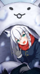 Rule 34 | 1girl, animal ear fluff, animal ears, blue jacket, blue skirt, blush, braid, commentary request, fox ears, fox girl, fox tail, gloves, green eyes, grey gloves, hair between eyes, highres, hololive, jacket, long hair, looking at viewer, open mouth, quinzhee, red scarf, scarf, shirakami fubuki, sidelocks, single braid, skirt, snow, snow shelter, solo, tail, user dfnr8777, virtual youtuber, waving, white hair