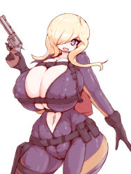 Rule 34 | 1girl, 57mm, black bodysuit, black gloves, blonde hair, blue eyes, bodysuit, breasts, cleavage, covered erect nipples, gloves, gluteal fold, hair over one eye, huge breasts, navel, plump, rachael foley, resident evil, resident evil: revelations, simple background, skin tight, skindentation, smile, solo, standing, thick thighs, thighs, white background, wide hips