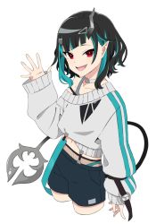 Rule 34 | 1girl, akitetsu, black hair, black shorts, blue hair, cowboy shot, cropped legs, cropped sweater, demon girl, demon horns, demon tail, fang, fishnets, flat chest, grey sweater, horns, long sleeves, looking at viewer, medium hair, midriff, multicolored hair, nanashi inc., navel, off shoulder, official alternate costume, open mouth, pointy ears, red eyes, shishio chris, shishio chris (2nd costume), shorts, simple background, smile, solo, sugar lyric, sweater, tail, transparent background, two-tone hair, virtual youtuber, waving