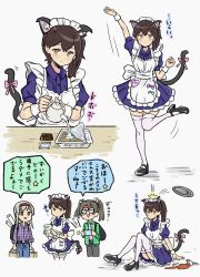 Rule 34 | 3girls, accident, alternate costume, animal ears, apron, blue dress, brown eyes, brown hair, cat ears, cat tail, commentary request, dress, enmaided, frilled apron, frills, highres, kaga (kancolle), kakincho, kantai collection, long hair, maid, maid headdress, multiple girls, multiple views, otaku, shoukaku (kancolle), side ponytail, tail, teapot, thighhighs, translation request, tray, white apron, white background, white thighhighs, zuikaku (kancolle)