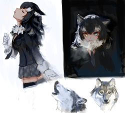 Rule 34 | 10s, 1girl, animal ears, bad id, bad twitter id, black hair, black neckwear, black thighhighs, blue eyes, breast pocket, breasts, closed eyes, closed mouth, commentary request, fur collar, gloves, grey skirt, grey wolf, grey wolf (kemono friends), hand up, heterochromia, highres, howling, kemono friends, large breasts, long hair, long sleeves, multiple views, necktie, parted lips, pleated skirt, pocket, skirt, smile, standing, thighhighs, treeware, white gloves, wolf, wolf ears, yellow eyes