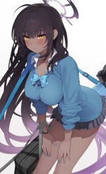 Rule 34 | 1girl, absurdres, ahoge, anti-materiel rifle, bag, black bag, black hair, black skirt, black wristband, blue archive, blue bow, blue bowtie, blue jacket, blue nails, blush, bow, bowtie, breasts, buttons, cleavage, collared shirt, commentary request, dark-skinned female, dark skin, earrings, feet out of frame, gradient hair, gun, halo, hands on own thighs, highres, jacket, jewelry, karin (blue archive), large breasts, leaning forward, long hair, long sleeves, looking at viewer, miniskirt, multicolored hair, nail polish, parted lips, pleated skirt, purple hair, rifle, school bag, school uniform, shirt, shoulder bag, sidelocks, simple background, skirt, sniper rifle, solo, stud earrings, taut clothes, thighs, very long hair, weapon, white background, white shirt, yeije, yellow eyes
