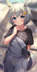 Rule 34 | 1girl, absurdres, animal ears, arm behind back, blue eyes, blurry, blurry background, casual, closed mouth, commentary request, grey hair, hair ornament, hazuki lime, highres, horse ears, horse girl, horse tail, looking at viewer, overalls, pov, seiun sky (umamusume), solo, tail, umamusume