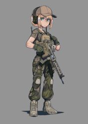 Rule 34 | 1girl, absurdres, assault rifle, baseball cap, blonde hair, boots, brown footwear, brown hat, brown shirt, bulletproof vest, camouflage, camouflage pants, closed mouth, erica (naze1940), folding stock, full body, gloves, green eyes, green gloves, grey background, gun, hat, headphones, highres, looking at viewer, original, pants, rifle, shirt, short hair, short sleeves, simple background, solo, trigger discipline, weapon