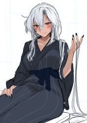 Rule 34 | absurdres, black nails, breasts, dark-skinned female, dark skin, glasses, grey robe, hair between eyes, highres, kantai collection, large breasts, musashi (kancolle), musashi kai ni (kancolle), nail polish, platinum blonde hair, red eyes, robe, short hair with long locks, slit pupils, smile, twintails, two side up, white background, yunamaro