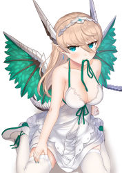 Rule 34 | 1girl, absurdres, blue eyes, blue nails, blush, breasts, cleavage, dragon tail, dress, earrings, green ribbon, hair between eyes, highres, horns, jewelry, knees out of frame, light brown hair, long hair, medium breasts, mole, mole under eye, mouth hold, nail polish, original, pointy ears, ribbon, satoshiki, sitting, tail, thighhighs, tiara, wariza, white background, white dress, white footwear, white thighhighs, wings
