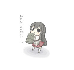 Rule 34 | 10s, 1girl, :3, akagi (kancolle), armor, bad id, bad pixiv id, barrel, brown eyes, brown hair, chibi, commentary, drum (container), highres, japanese clothes, kantai collection, long hair, muneate, open mouth, personification, sandals, socks, solo, yuasan