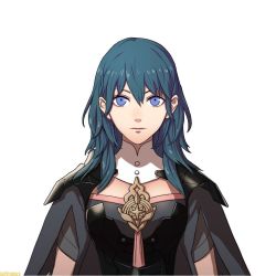 Rule 34 | 1girl, armor, blue eyes, blue hair, byleth (female) (fire emblem), byleth (fire emblem), cape, collarbone, fire emblem, fire emblem: three houses, kurahana chinatsu, long hair, looking at viewer, nintendo, official art, portrait, simple background, smile, solo, white background