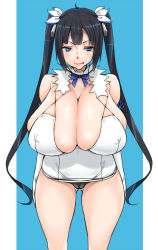 Rule 34 | 10s, 1girl, :q, alternate breast size, black hair, black panties, blue eyes, breasts, cleavage, dungeon ni deai wo motomeru no wa machigatteiru darou ka, gigantic breasts, gloves, hestia (danmachi), highres, libre, long hair, looking at viewer, naughty face, panties, rei no himo, simple background, skindentation, solo, thighs, tongue, tongue out, twintails, underwear, very long hair, white gloves