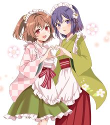 Rule 34 | 2girls, adapted costume, apron, bell, breasts, checkered clothes, checkered kimono, commentary request, floral print, frilled apron, frills, green skirt, hair bell, hair ornament, hieda no akyuu, highres, japanese clothes, kimono, long sleeves, maid headdress, motoori kosuzu, multiple girls, oni tama, open mouth, orange hair, parted lips, purple eyes, purple hair, red eyes, red sash, red skirt, sash, skirt, small breasts, teeth, touhou, two side up, upper teeth only, waist apron, white apron, wide sleeves, yellow kimono