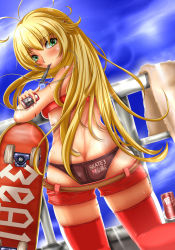 Rule 34 | 1girl, ass, belt, bikini, bikini top only, black panties, blonde hair, blush, brown belt, butt crack, can, clothes pull, clothes writing, cloud, crossed arms, dr pepper, drink, drink can, earbuds, earphones, eyewear in mouth, from behind, green eyes, long hair, looking at viewer, looking back, media player interface, mokoroppu, mouth hold, mp3 player, panties, railing, red bikini, red shorts, red thighhighs, shorts, shorts pull, skateboard, sky, smile, soda, soda can, solo, standing, sun, sunglasses, sunglasses removed, sweat, swimsuit, teeth, thighhighs, towel, tsurumaki maki, underwear, voiceroid, whale tail (clothing)