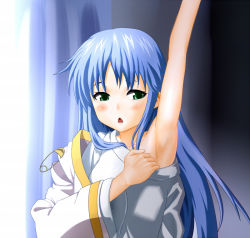 Rule 34 | 1girl, arm up, armpits, bad id, bad pixiv id, blue hair, blush, collarbone, curtains, derivative work, dressing, female focus, green eyes, index (toaru majutsu no index), indoors, long hair, long sleeves, looking at viewer, open mouth, outstretched arm, robe, safety pin, shirt, solo, t-shirt, taka (takahirokun), toaru majutsu no index, uniform, upper body