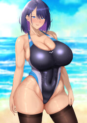 Rule 34 | 1girl, bare shoulders, beach, black one-piece swimsuit, black thighhighs, blue eyes, blue hair, blue sky, blush, breasts, cleavage, cloud, collarbone, colored inner hair, competition swimsuit, covered navel, curvy, day, earrings, groin, highleg, highleg swimsuit, highres, huge breasts, jewelry, large breasts, looking at viewer, mole, multicolored hair, navel, ocean, one-piece swimsuit, original, outdoors, purple hair, ranhatu, short hair, skindentation, sky, smile, solo, standing, swimsuit, thighhighs, thighs, two-tone hair, water, wet, wide hips
