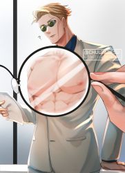 Rule 34 | 1boy, blonde hair, chuuta (chuutadesu), formal, goggles, grey suit, highres, holding, holding paper, jujutsu kaisen, long sleeves, looking at viewer, muscular, muscular male, nanami kento, nipples, paper, short hair, standing, suit, upper body, x-ray