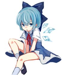 Rule 34 | 1girl, blue bow, blue dress, blue eyes, blue footwear, blue hair, bow, cirno, collar, dress, hair between eyes, hair bow, neck ribbon, open mouth, paragasu (parags112), red ribbon, ribbon, shoes, short hair, short sleeves, simple background, sitting, socks, solo, touhou, white background, white socks