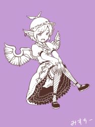 Rule 34 | 1girl, animal ears, bloomers, character name, earrings, full body, hat, jewelry, kawashina (momen silicon), knees together feet apart, monochrome, mystia lorelei, open mouth, purple background, simple background, solo, thighhighs, touhou, underwear, wings