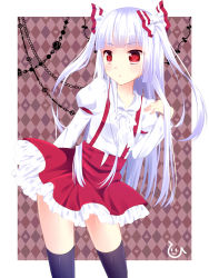 Rule 34 | 1girl, adapted costume, alternate hairstyle, black thighhighs, bow, fujiwara no mokou, hair bow, highres, hisame (nekousatan), long hair, miniskirt, red eyes, skirt, solo, suspenders, thighhighs, touhou, twintails, white hair