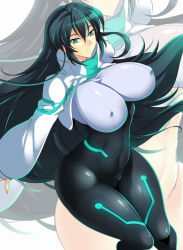 Rule 34 | 1girl, black bodysuit, black hair, bodysuit, breasts, covered erect nipples, green eyes, gundam, gundam build divers, gundam build divers re:rise, haganef, highres, impossible bodysuit, impossible clothes, large breasts, long hair, looking at viewer, may (gundam build divers re:rise), solo, zoom layer