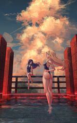 Rule 34 | 2girls, absurdres, ass, barefoot, bikini, blonde hair, breasts, cloud, competition swimsuit, full body, highres, legs, love money rock&#039;n&#039;roll, medium breasts, multiple girls, one-piece swimsuit, sainty, scenery, self-upload, sky, swimsuit, thighs