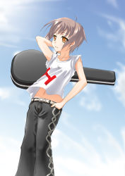 Rule 34 | 00s, 1girl, ahoge, alternate costume, arm up, black pants, blue sky, carrying over shoulder, closed mouth, clothes writing, cloud, day, eyebrows, from below, guitar, guitar case, hand in pocket, instrument, instrument case, jewelry, nagato yuki, navel, necklace, pants, pendant, shirt, short hair, silver hair, sky, sleeves rolled up, smile, solo, standing, stomach, suzumiya haruhi no yuuutsu, t-shirt, upshirt, wind, yellow eyes, yoshino gaya