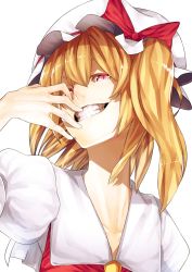 Rule 34 | 1girl, blonde hair, bow, female focus, flandre scarlet, grin, hand on own face, hat, hat bow, highres, long hair, looking at viewer, looking down, red eyes, side ponytail, smile, solo, touhou, transparent background, u u zan, upper body