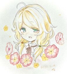 Rule 34 | 1girl, ahoge, blonde hair, blush, close-up, colored pencil (medium), commentary request, dated, flower, green eyes, highres, idolmaster, idolmaster cinderella girls, kyouno, low twintails, medium hair, neck ribbon, pink flower, ribbon, solo, traditional media, twintails, yellow flower, yusa kozue