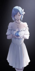 Rule 34 | 1girl, absurdres, apple, bare shoulders, black background, blue apple, blue hair, blue nails, breasts, cleavage, closed eyes, collarbone, commentary, copyright request, cupping hands, dress, erospanda, facing viewer, flower, food, fruit, hair flower, hair ornament, hands up, highres, holding, holding food, holding fruit, jewelry, medium breasts, nail polish, necklace, own hands together, parted lips, short hair, simple background, solo, standing, white dress, white flower