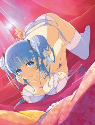 Rule 34 | 1girl, ass, bare back, bare hips, bare shoulders, bed, bent over, between breasts, blue eyes, blue hair, bra, grabbing another&#039;s breast, breast press, breasts, cleavage, double bun, garter belt, garter straps, grabbing, hair bun, hands on own breasts, highres, jewelry, kanon (senran kagura), kneeling, large breasts, legs, lingerie, long hair, looking at viewer, necklace, open mouth, panties, revealing clothes, senran kagura, sexually suggestive, solo, spread legs, sweat, thick thighs, thighhighs, thighs, underwear
